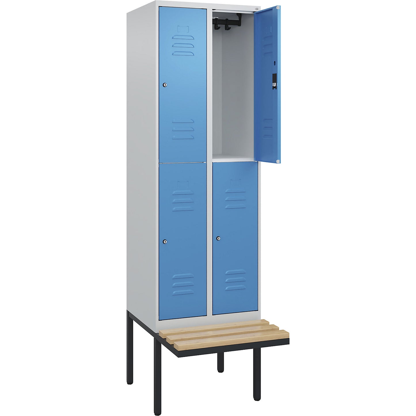 Classic PLUS bench seat double deck clothes locker, 2 compartments, light grey/light blue, W 600 mm, cylinder lock, cantilevered, beech hardwood.