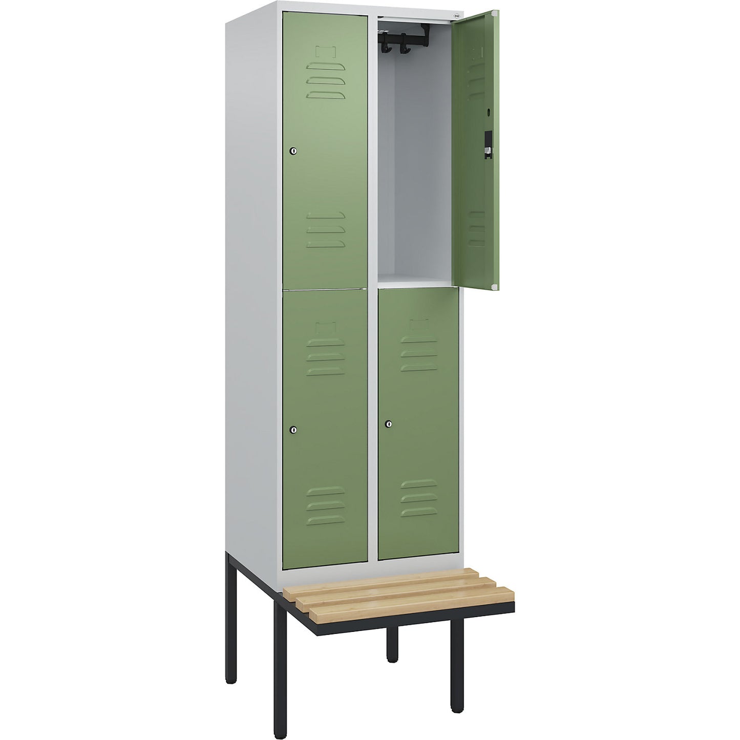 Classic PLUS bench seat double deck clothes locker, 2 compartments, light grey/reseda green, W 600 mm, cylinder lock, cantilevered, beech hardwood.