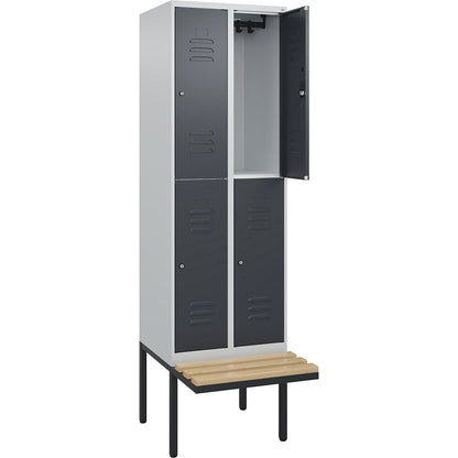 Classic PLUS bench seat double deck clothes locker, 2 compartments, light grey/grey, W 600 mm, cylinder lock, cantilevered, beech hardwood.