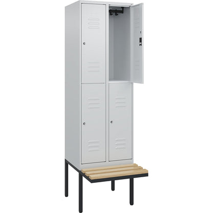Classic PLUS bench seat double deck clothes locker, 2 compartments, light grey, W 600 mm, cylinder lock, cantilevered, beech hardwood.