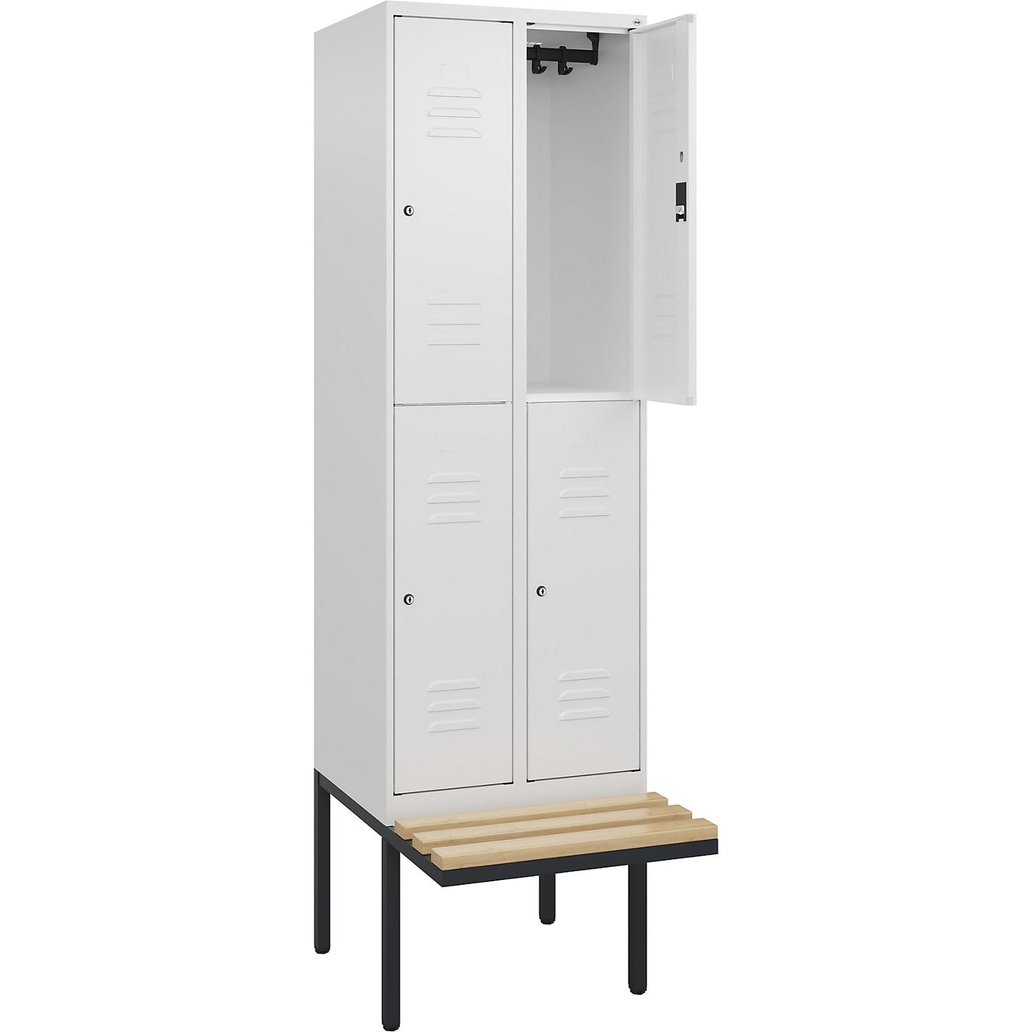 Classic PLUS bench seat double deck clothes locker, 2 compartments, traffic white, W 600 mm, cylinder lock, cantilevered, beech hardwood.