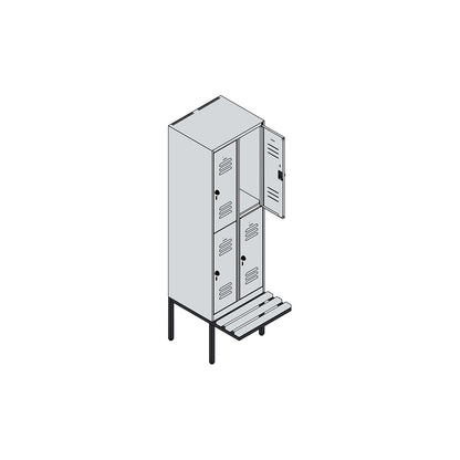 Classic PLUS bench seat double deck clothes locker, 2 compartments, traffic white, W 600 mm, security rotary bolt, cantilevered, beech hardwood.