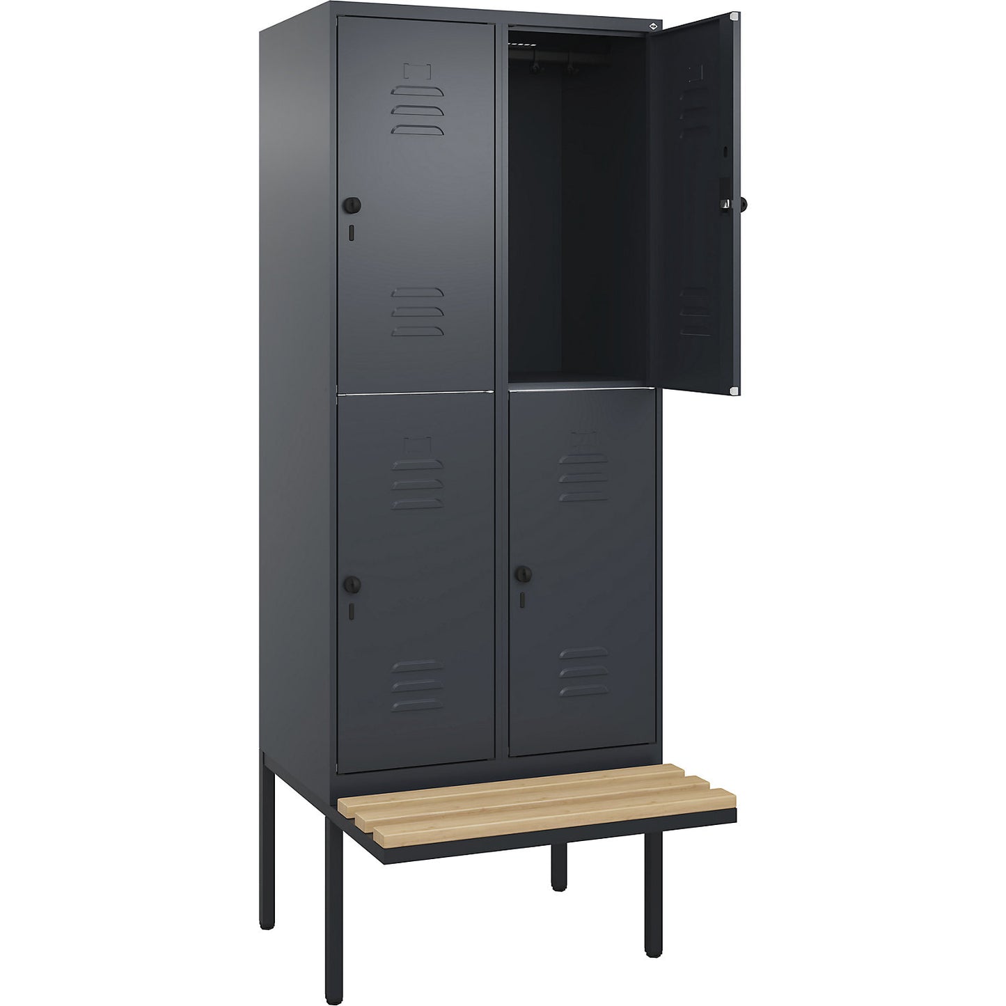 Classic PLUS bench seat double deck clothes locker, 2 compartments, grey, W 800 mm, security rotary bolt, cantilevered, beech hardwood.