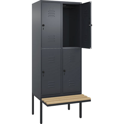 Classic PLUS bench seat double deck clothes locker, 2 compartments, grey, W 800 mm, security rotary bolt, cantilevered, beech hardwood.