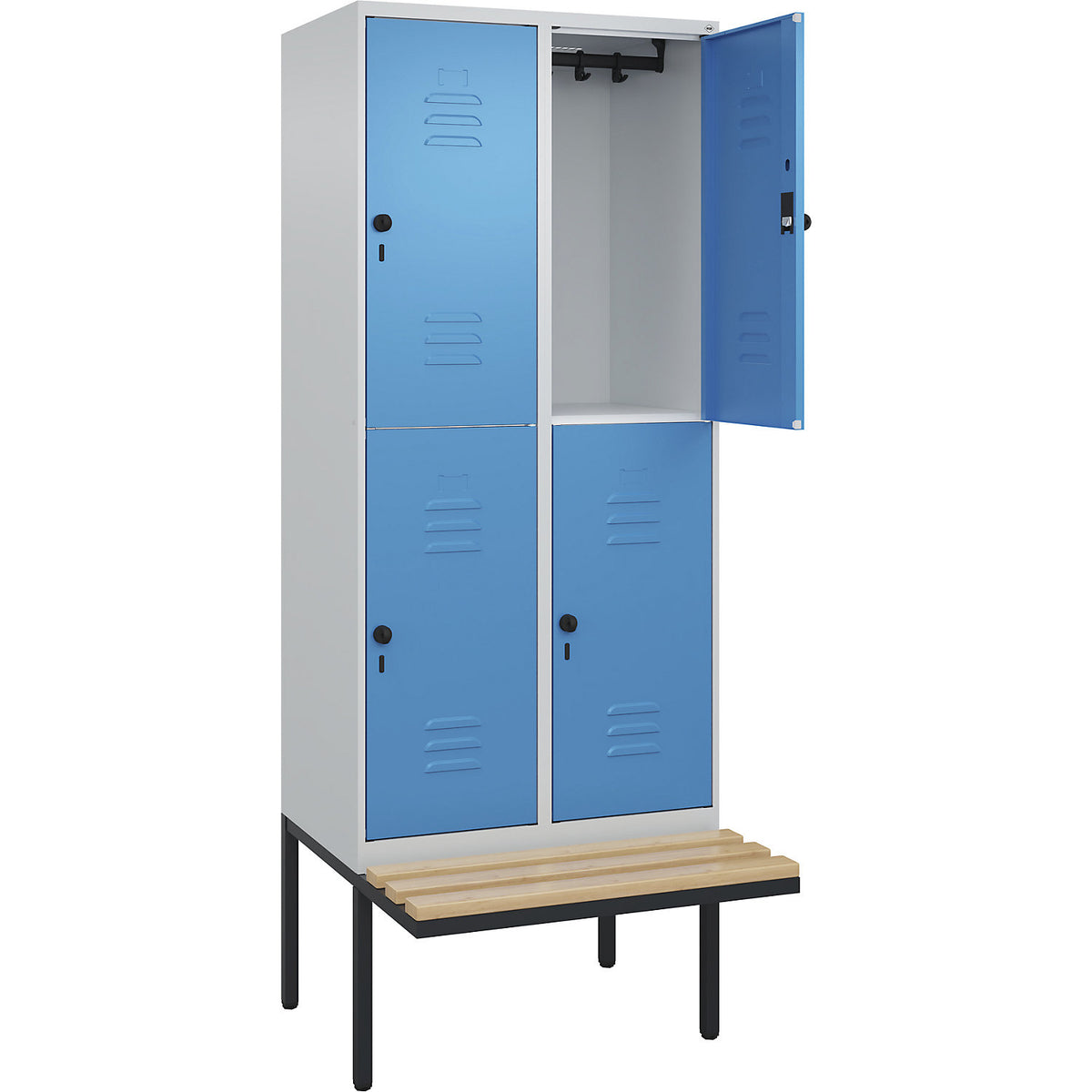 Classic PLUS bench seat double deck clothes locker, 2 compartments, light grey/light blue, W 800 mm, security rotary bolt, cantilevered, beech hardwood.