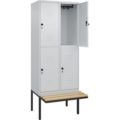 Classic PLUS bench seat double deck clothes locker, 2 compartments, light grey, W 800 mm, security rotary bolt, cantilevered, beech hardwood.