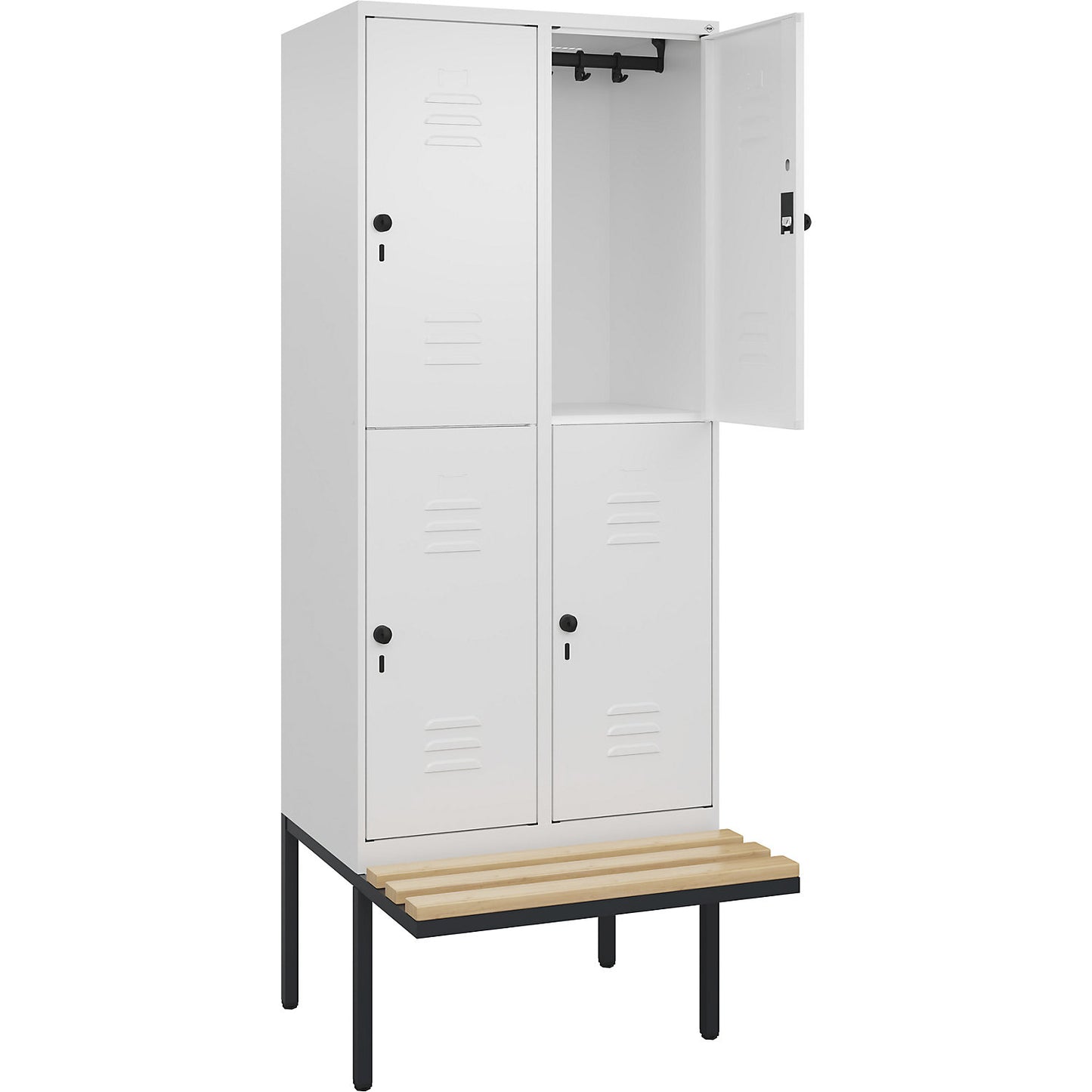 Classic PLUS bench seat double deck clothes locker, 2 compartments, traffic white, W 800 mm, security rotary bolt, cantilevered, beech hardwood.