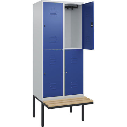 Classic PLUS bench seat double deck clothes locker, 2 compartments, light grey/gentian blue, W 800 mm, cylinder lock, cantilevered, beech hardwood.