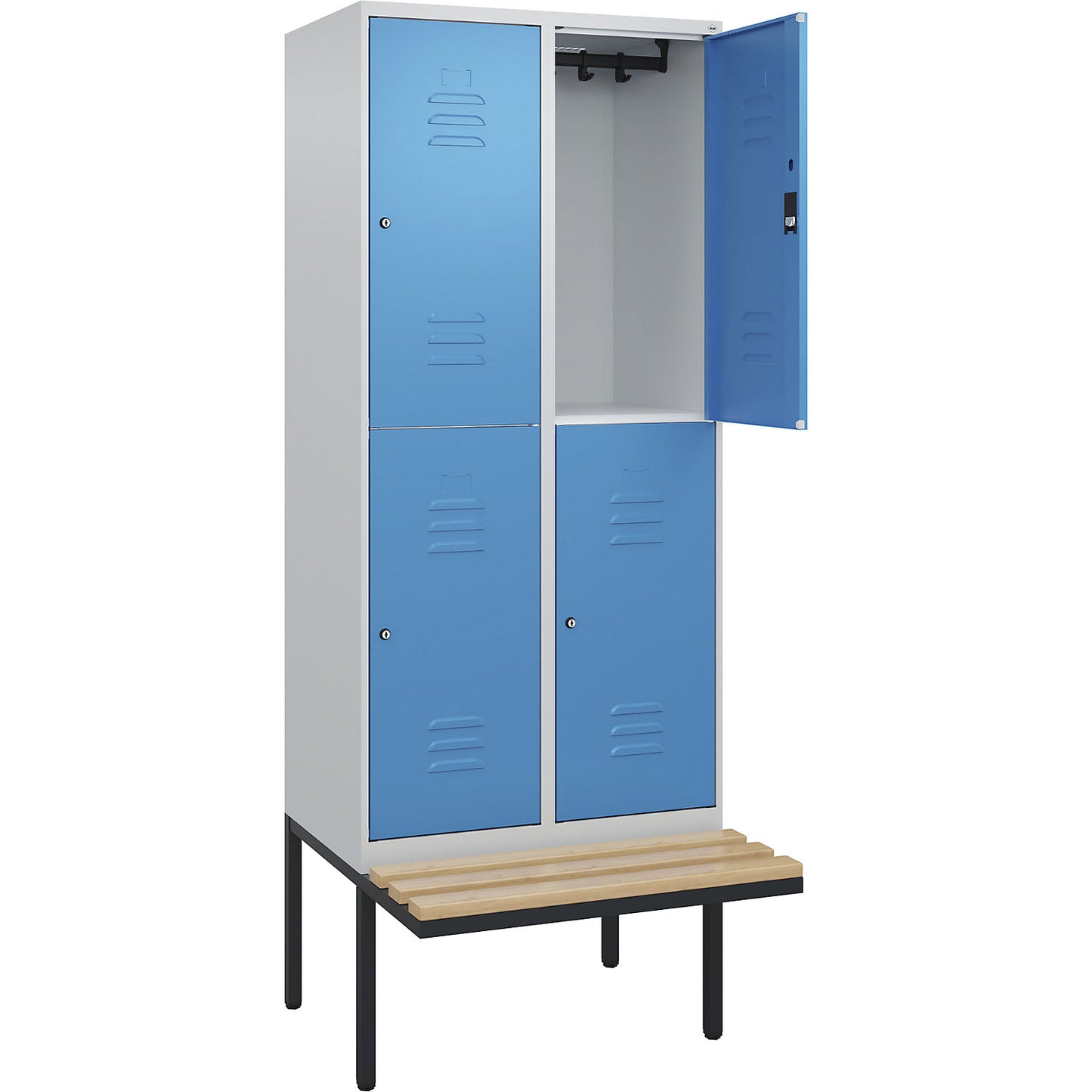 Classic PLUS bench seat double deck clothes locker, 2 compartments, light grey/light blue, W 800 mm, cylinder lock, cantilevered, beech hardwood.