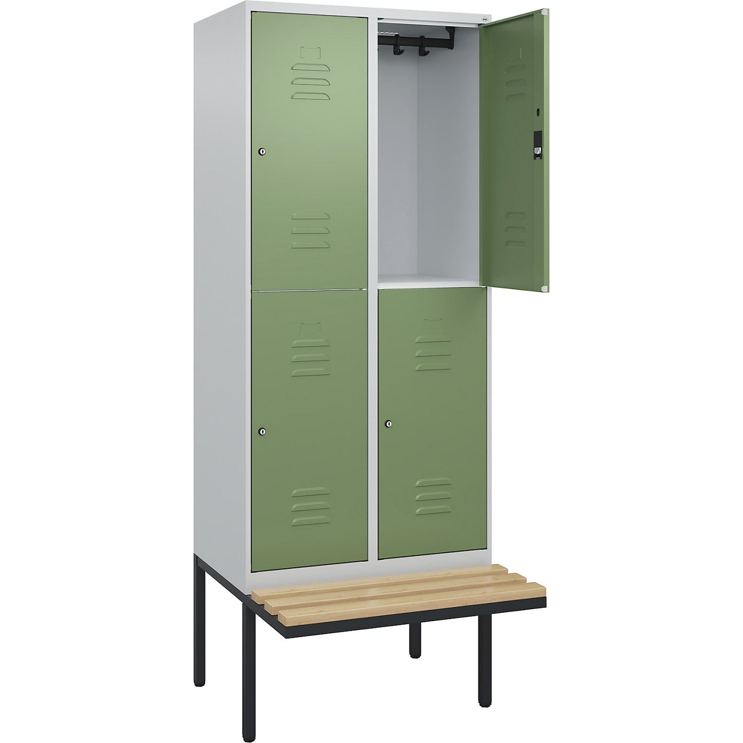 Classic PLUS bench seat double deck clothes locker, 2 compartments, light grey/reseda green, W 800 mm, cylinder lock, cantilevered, beech hardwood.