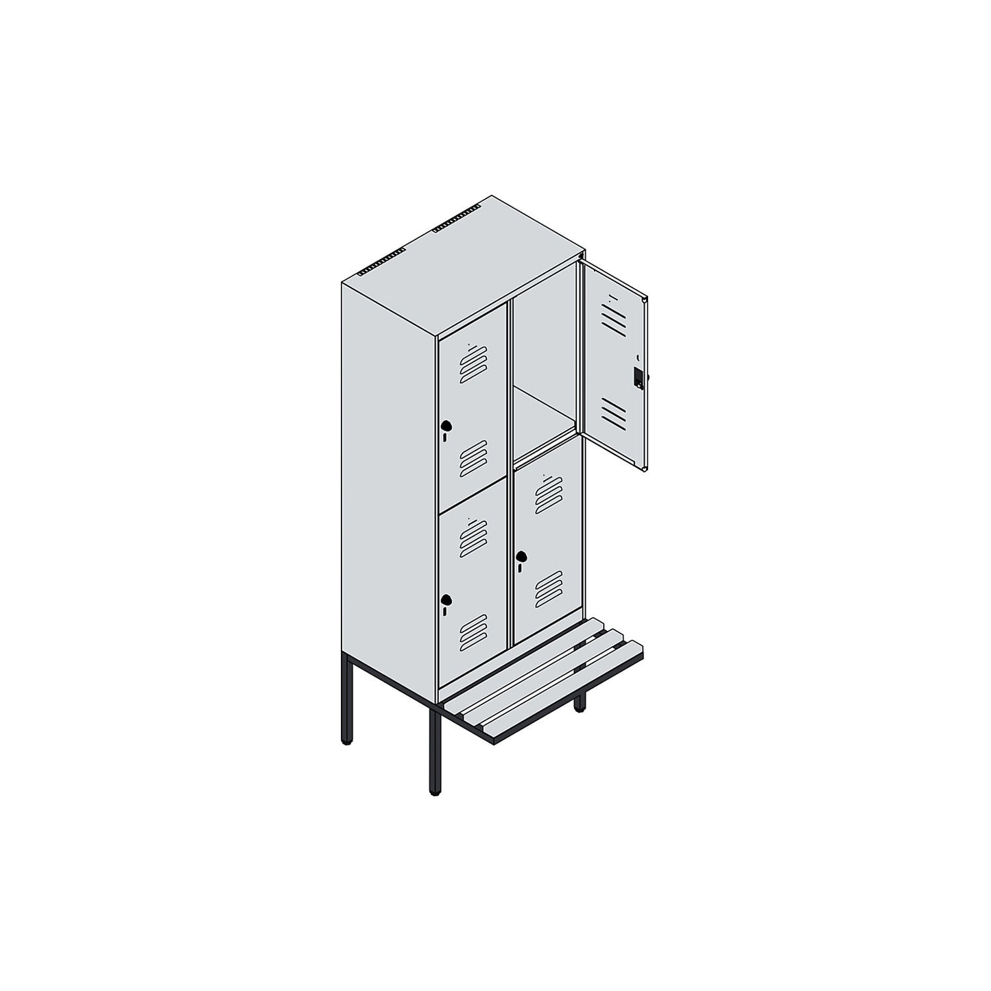 Classic PLUS bench seat double deck clothes locker, 2 compartments, grey, W 800 mm, security rotary bolt, cantilevered, beech hardwood.