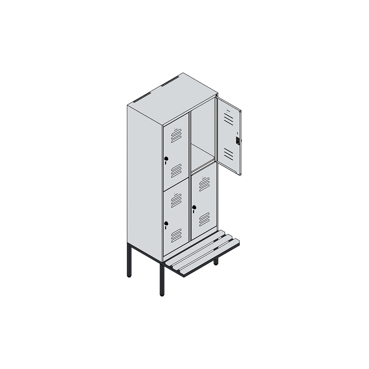 Classic PLUS bench seat double deck clothes locker, 2 compartments, grey, W 800 mm, security rotary bolt, cantilevered, beech hardwood.