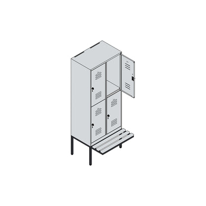 Classic PLUS bench seat double deck clothes locker, 2 compartments, traffic white, W 800 mm, security rotary bolt, cantilevered, beech hardwood.
