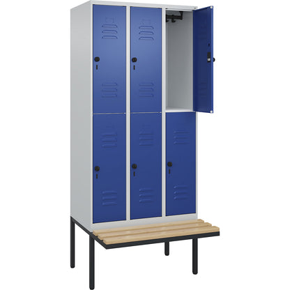 Classic PLUS bench seat double deck clothes locker, 3 compartments, light grey/gentian blue, W 900 mm, security rotary bolt, cantilevered, beech hardwood.