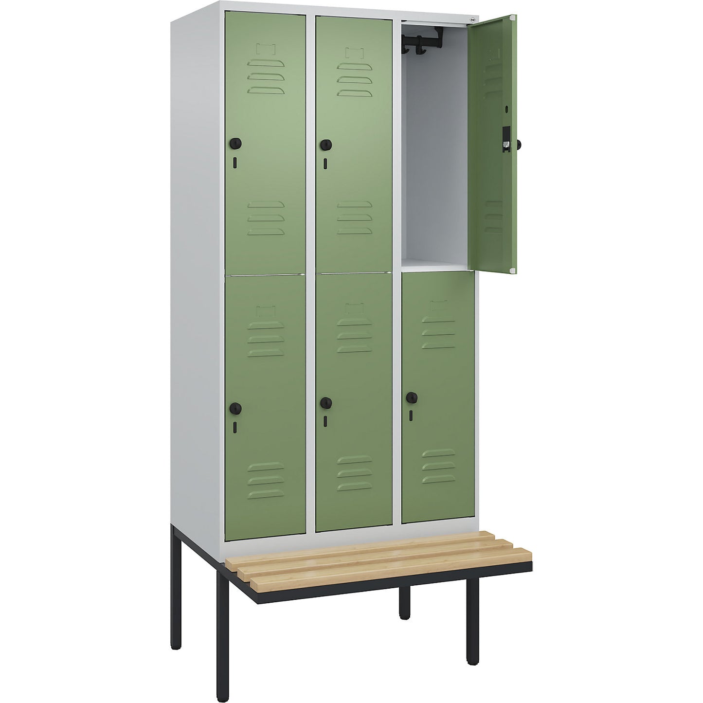 Classic PLUS bench seat double deck clothes locker, 3 compartments, light grey/reseda green, W 900 mm, security rotary bolt, cantilevered, beech hardwood.