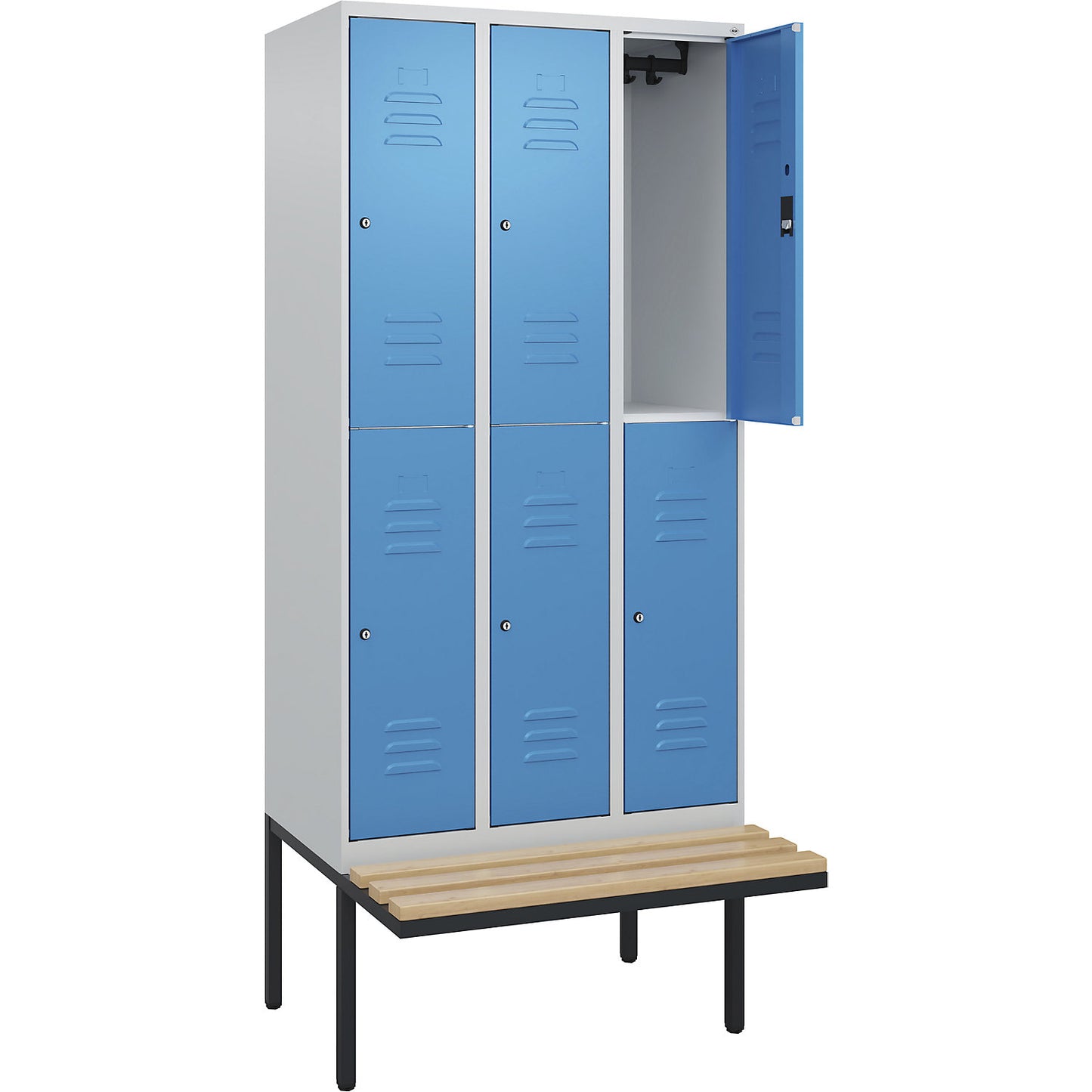 Classic PLUS bench seat double deck clothes locker, 3 compartments, light grey/light blue, W 900 mm, cylinder lock, cantilevered, beech hardwood.