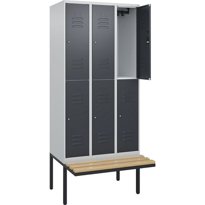 Classic PLUS bench seat double deck clothes locker, 3 compartments, light grey/grey, W 900 mm, cylinder lock, cantilevered, beech hardwood.