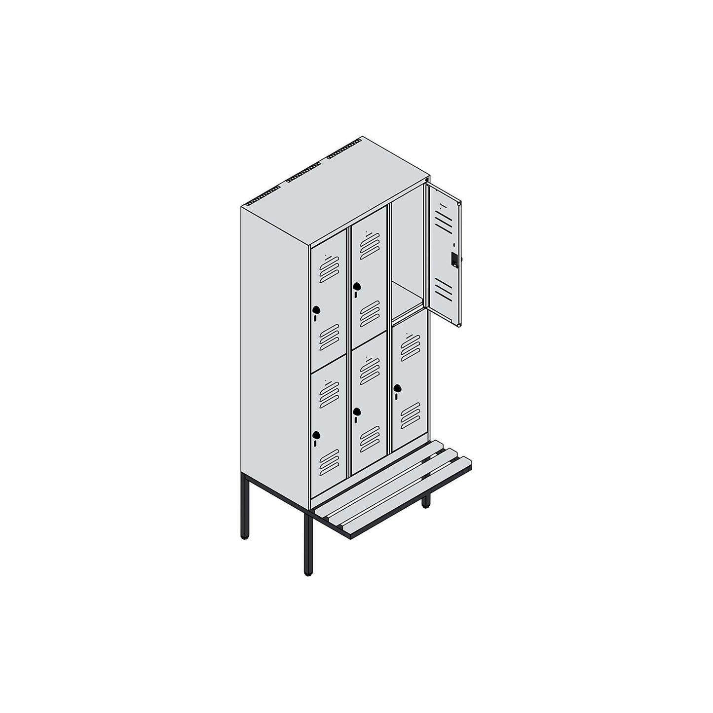 Classic PLUS bench seat double deck clothes locker, 3 compartments, light grey/gentian blue, W 900 mm, security rotary bolt, cantilevered, beech hardwood.