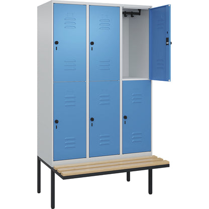 Classic PLUS bench seat double deck clothes locker, 3 compartments, light grey/light blue, W 1200 mm, security rotary bolt, cantilevered, beech hardwood.