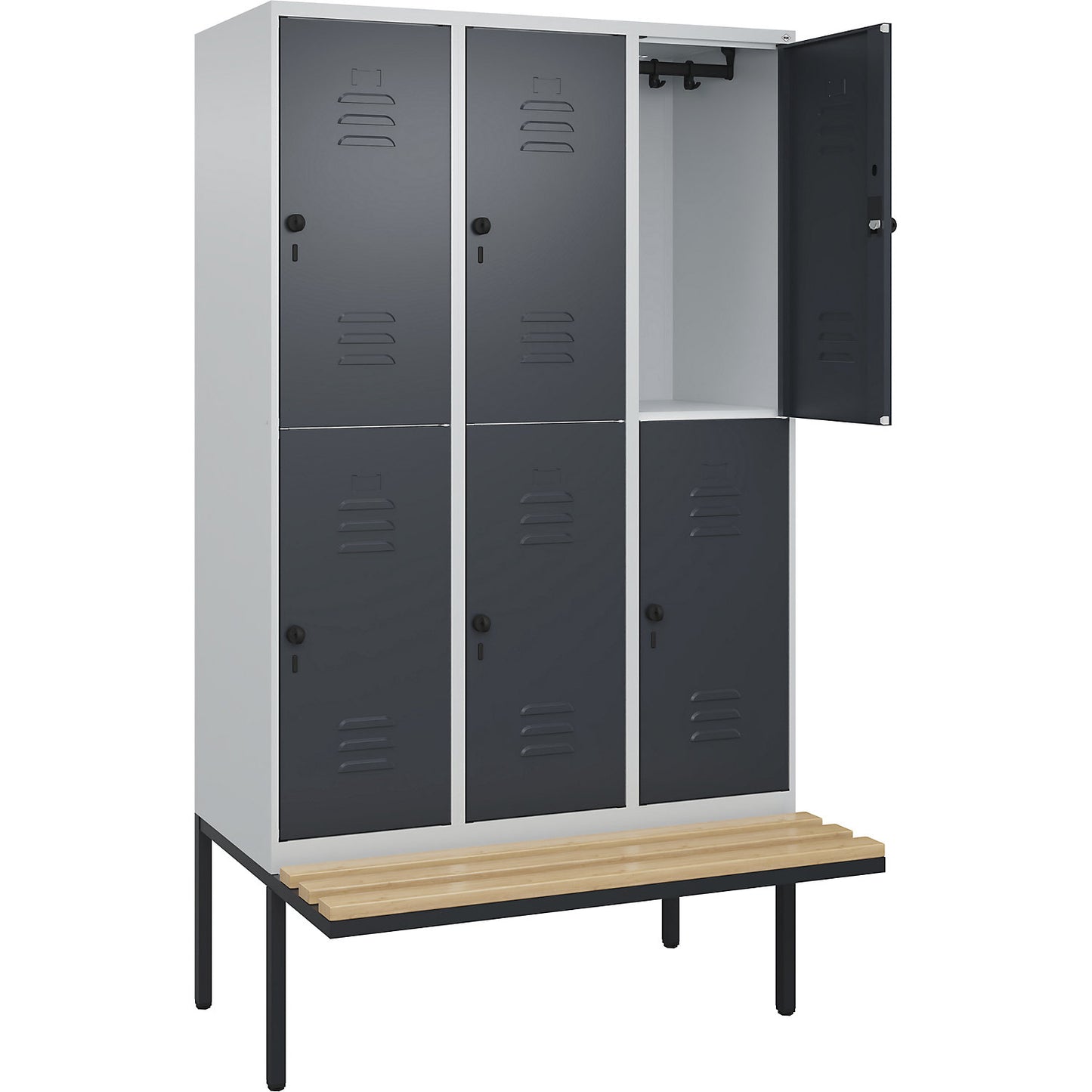 Classic PLUS bench seat double deck clothes locker, 3 compartments, light grey/grey, W 1200 mm, security rotary bolt, cantilevered, beech hardwood.