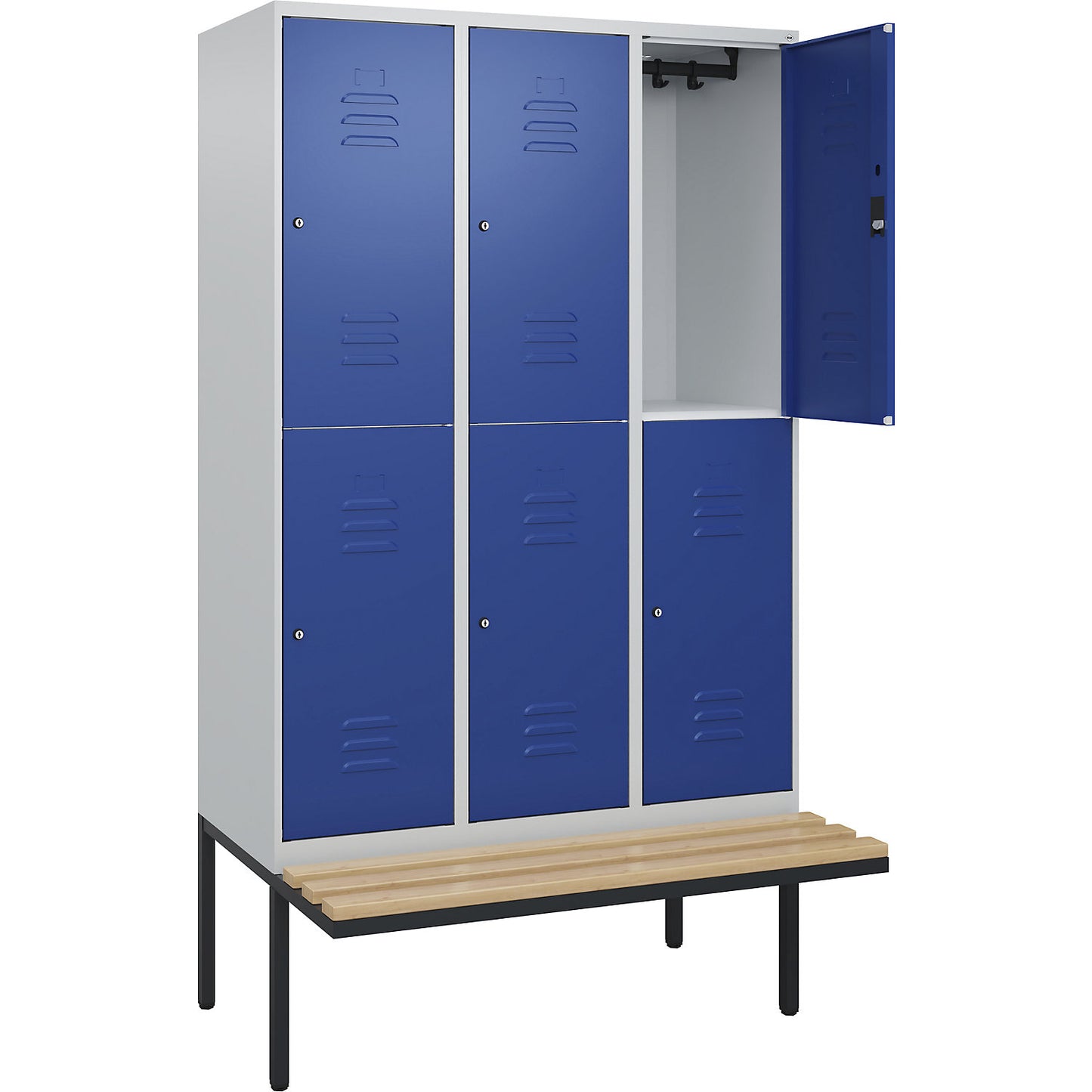 Classic PLUS bench seat double deck clothes locker, 3 compartments, light grey/gentian blue, W 1200 mm, cylinder lock, cantilevered, beech hardwood.
