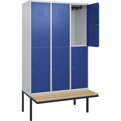Classic PLUS bench seat double deck clothes locker, 3 compartments, light grey/gentian blue, W 1200 mm, cylinder lock, cantilevered, beech hardwood.