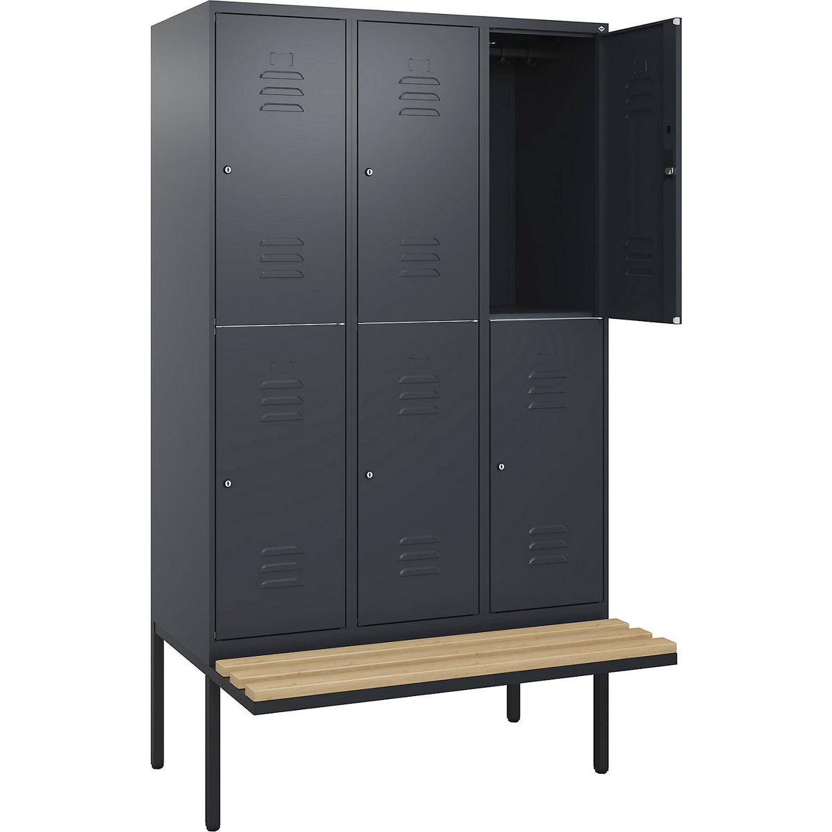 Classic PLUS bench seat double deck clothes locker, 3 compartments, grey, W 1200 mm, cylinder lock, cantilevered, beech hardwood.