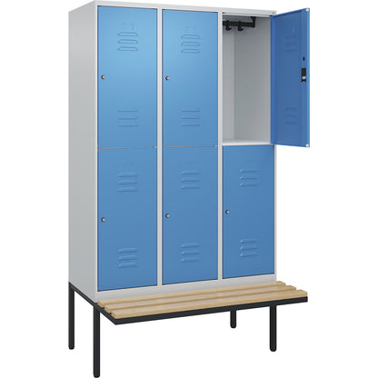 Classic PLUS bench seat double deck clothes locker, 3 compartments, light grey/light blue, W 1200 mm, cylinder lock, cantilevered, beech hardwood.