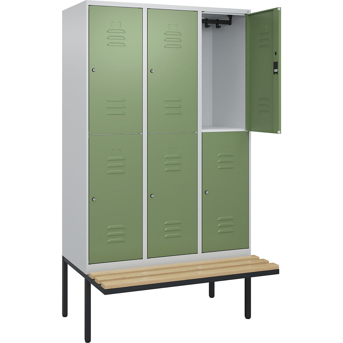 Classic PLUS bench seat double deck clothes locker, 3 compartments, light grey/reseda green, W 1200 mm, cylinder lock, cantilevered, beech hardwood.