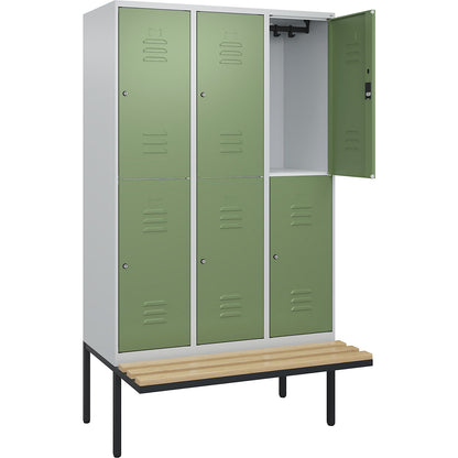 Classic PLUS bench seat double deck clothes locker, 3 compartments, light grey/reseda green, W 1200 mm, cylinder lock, cantilevered, beech hardwood.