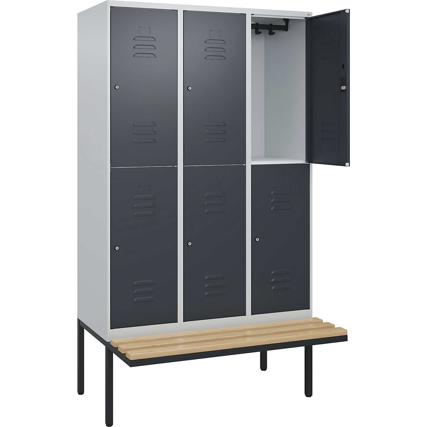 Classic PLUS bench seat double deck clothes locker, 3 compartments, light grey/grey, W 1200 mm, cylinder lock, cantilevered, beech hardwood.