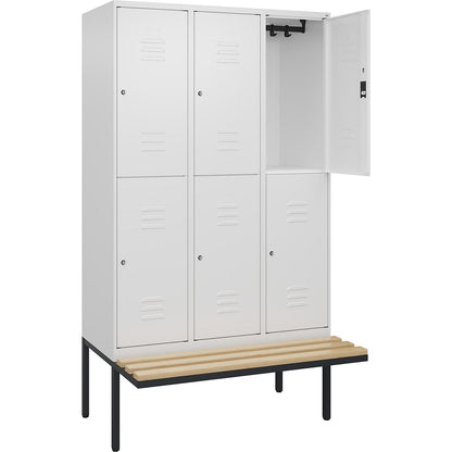 Classic PLUS bench seat double deck clothes locker, 3 compartments, traffic white, W 1200 mm, cylinder lock, cantilevered, beech hardwood.