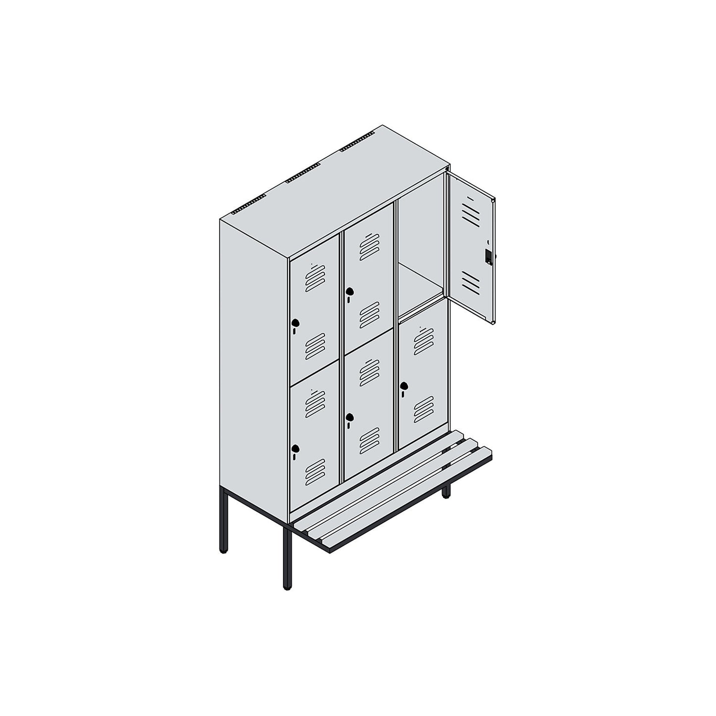 Classic PLUS bench seat double deck clothes locker, 3 compartments, light grey/grey, W 1200 mm, security rotary bolt, cantilevered, beech hardwood.