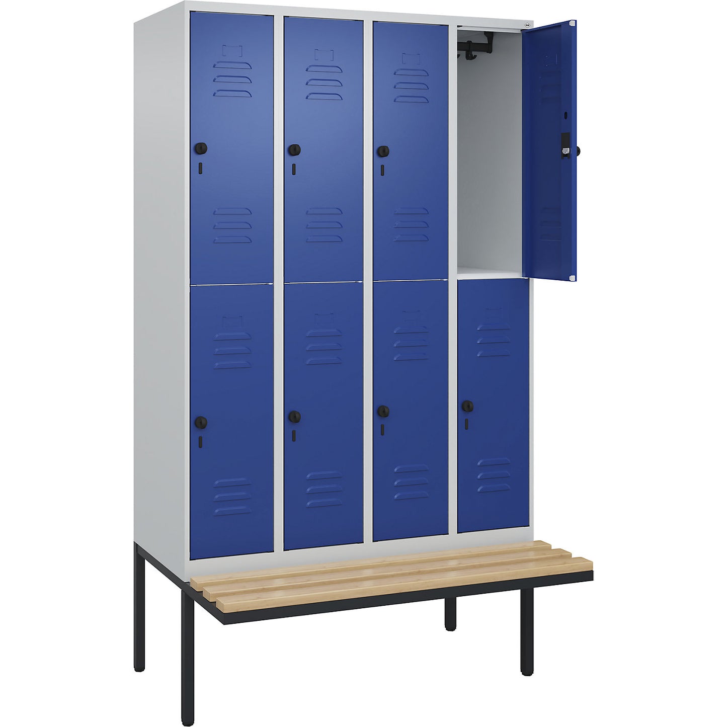 Classic PLUS bench seat double deck clothes locker, 4 compartments, light grey/gentian blue, W 1200 mm, security rotary bolt, cantilevered, beech hardwood.