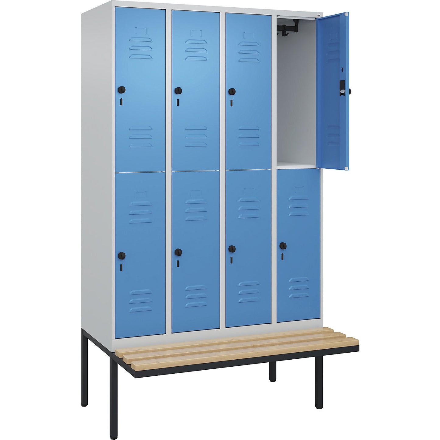 Classic PLUS bench seat double deck clothes locker, 4 compartments, light grey/light blue, W 1200 mm, security rotary bolt, cantilevered, beech hardwood.