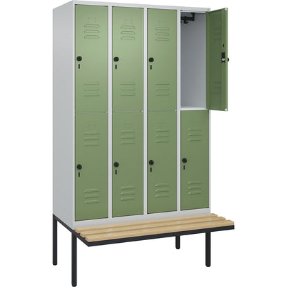 Classic PLUS bench seat double deck clothes locker, 4 compartments, light grey/reseda green, W 1200 mm, security rotary bolt, cantilevered, beech hardwood.