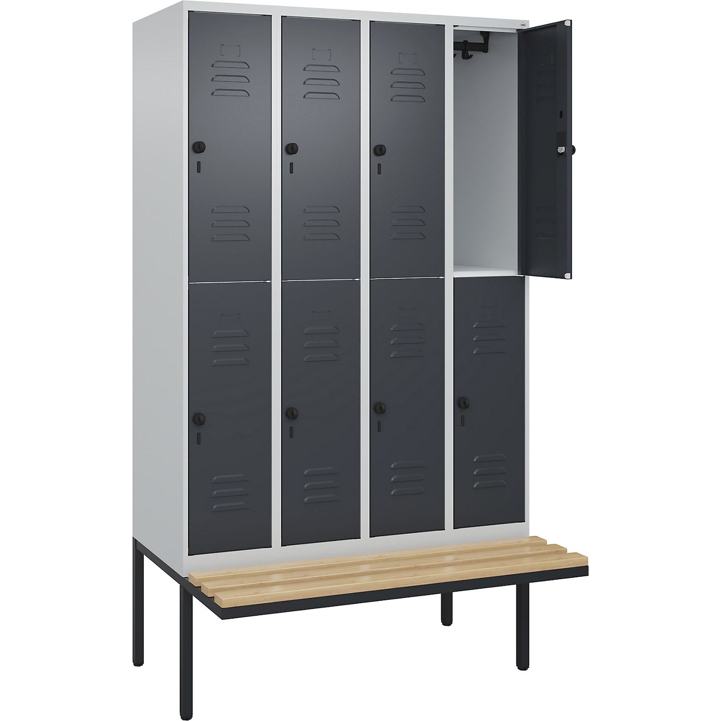 Classic PLUS bench seat double deck clothes locker, 4 compartments, light grey/grey, W 1200 mm, security rotary bolt, cantilevered, beech hardwood.