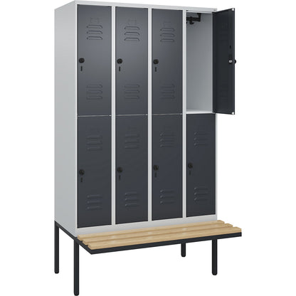 Classic PLUS bench seat double deck clothes locker, 4 compartments, light grey/grey, W 1200 mm, security rotary bolt, cantilevered, beech hardwood.