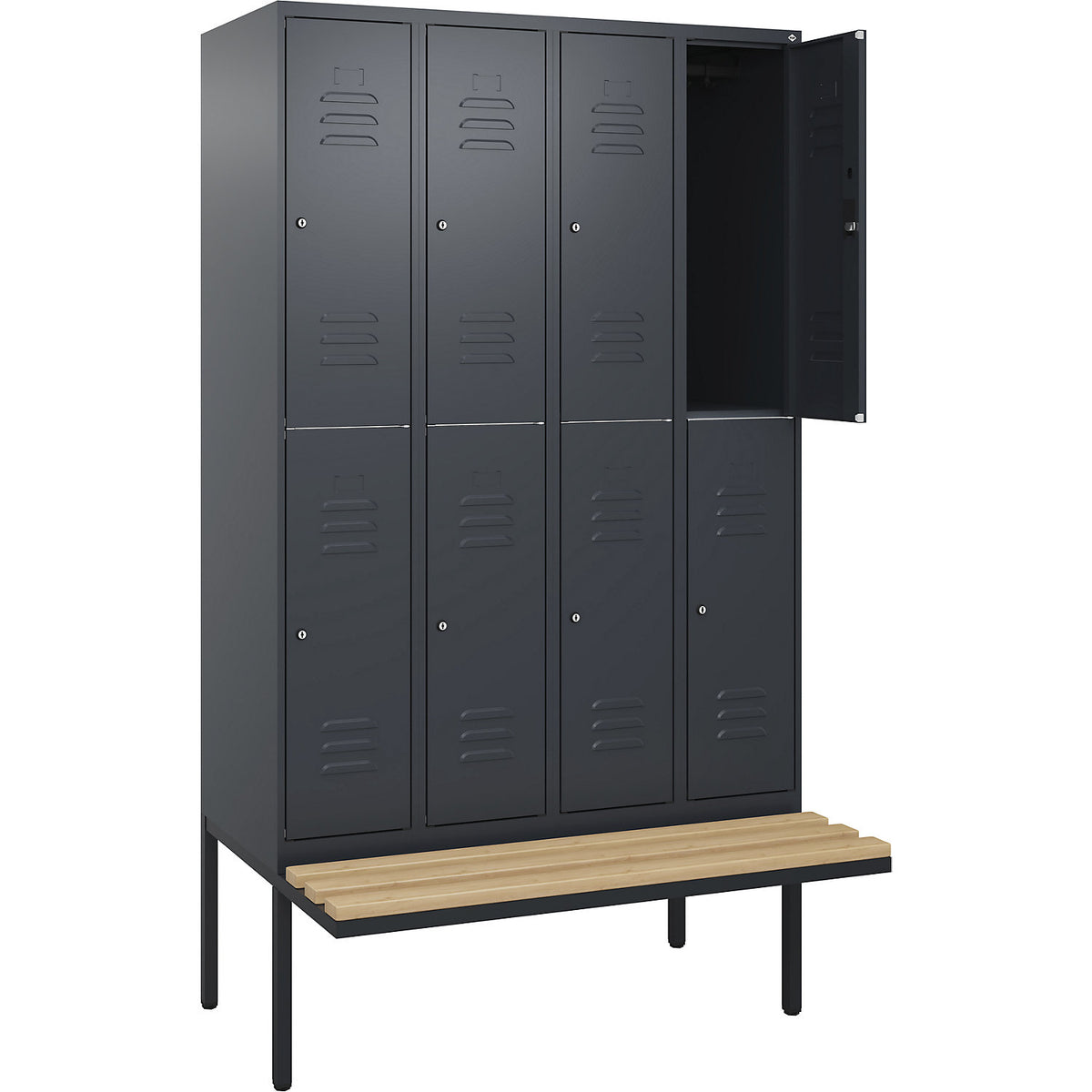 Classic PLUS bench seat double deck clothes locker, 4 compartments, grey, W 1200 mm, cylinder lock, cantilevered, beech hardwood.