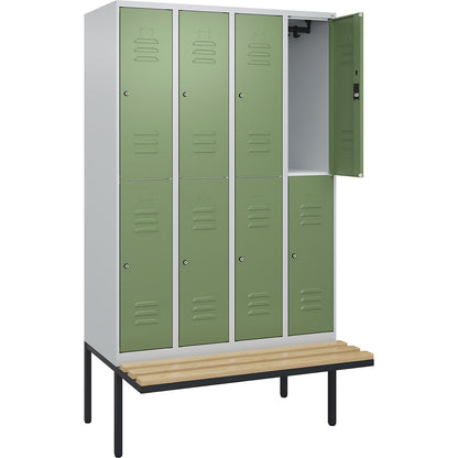 Classic PLUS bench seat double deck clothes locker, 4 compartments, light grey/reseda green, W 1200 mm, cylinder lock, cantilevered, beech hardwood.