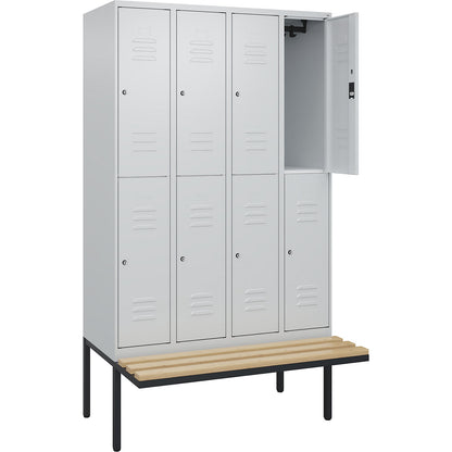 Classic PLUS bench seat double deck clothes locker, 4 compartments, light grey, W 1200 mm, cylinder lock, cantilevered, beech hardwood.