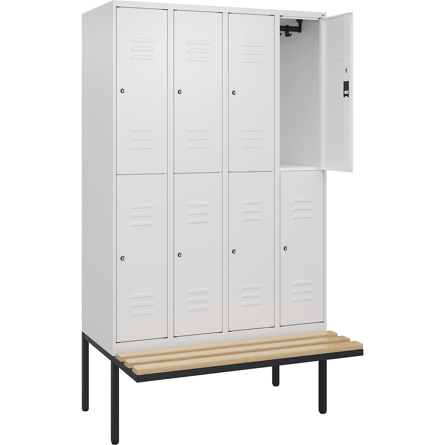 Classic PLUS bench seat double deck clothes locker, 4 compartments, traffic white, W 1200 mm, cylinder lock, cantilevered, beech hardwood.
