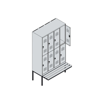 Classic PLUS bench seat double deck clothes locker, 4 compartments, light grey/gentian blue, W 1200 mm, security rotary bolt, cantilevered, beech hardwood.