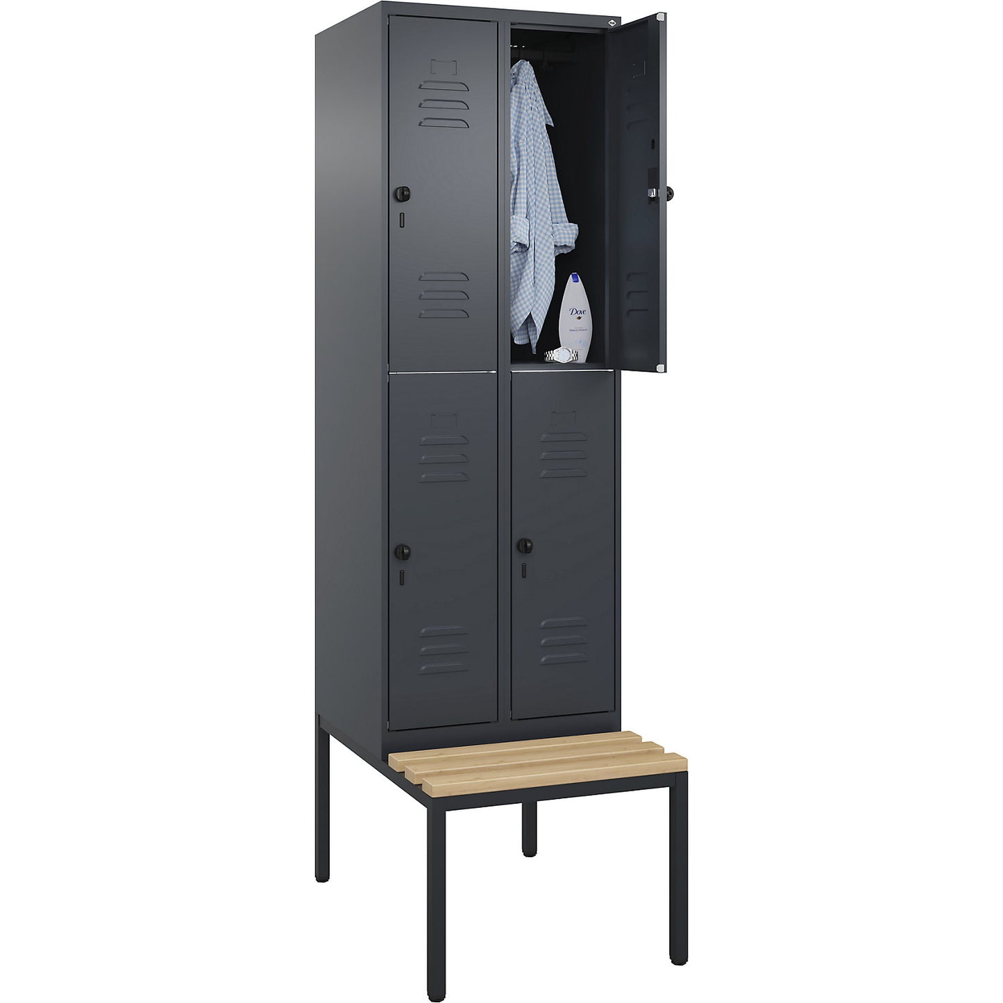 Classic PLUS bench seat double deck clothes locker, 2 compartments, grey, W 600 mm, security rotary bolt, base frame, beech hardwood.