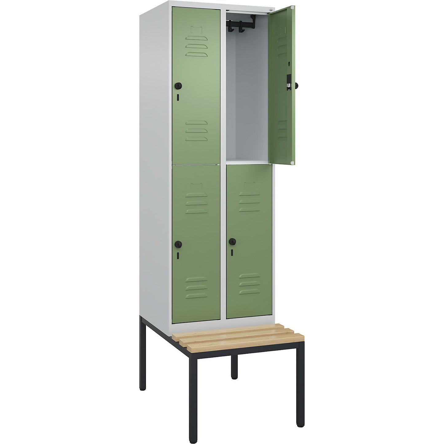 Classic PLUS bench seat double deck clothes locker, 2 compartments, light grey/reseda green, W 600 mm, security rotary bolt, base frame, beech hardwood.