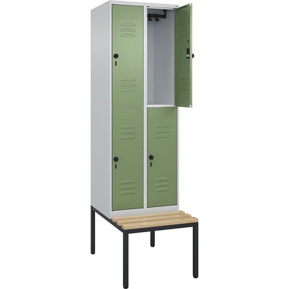 Classic PLUS bench seat double deck clothes locker, 2 compartments, light grey/reseda green, W 600 mm, security rotary bolt, base frame, beech hardwood.