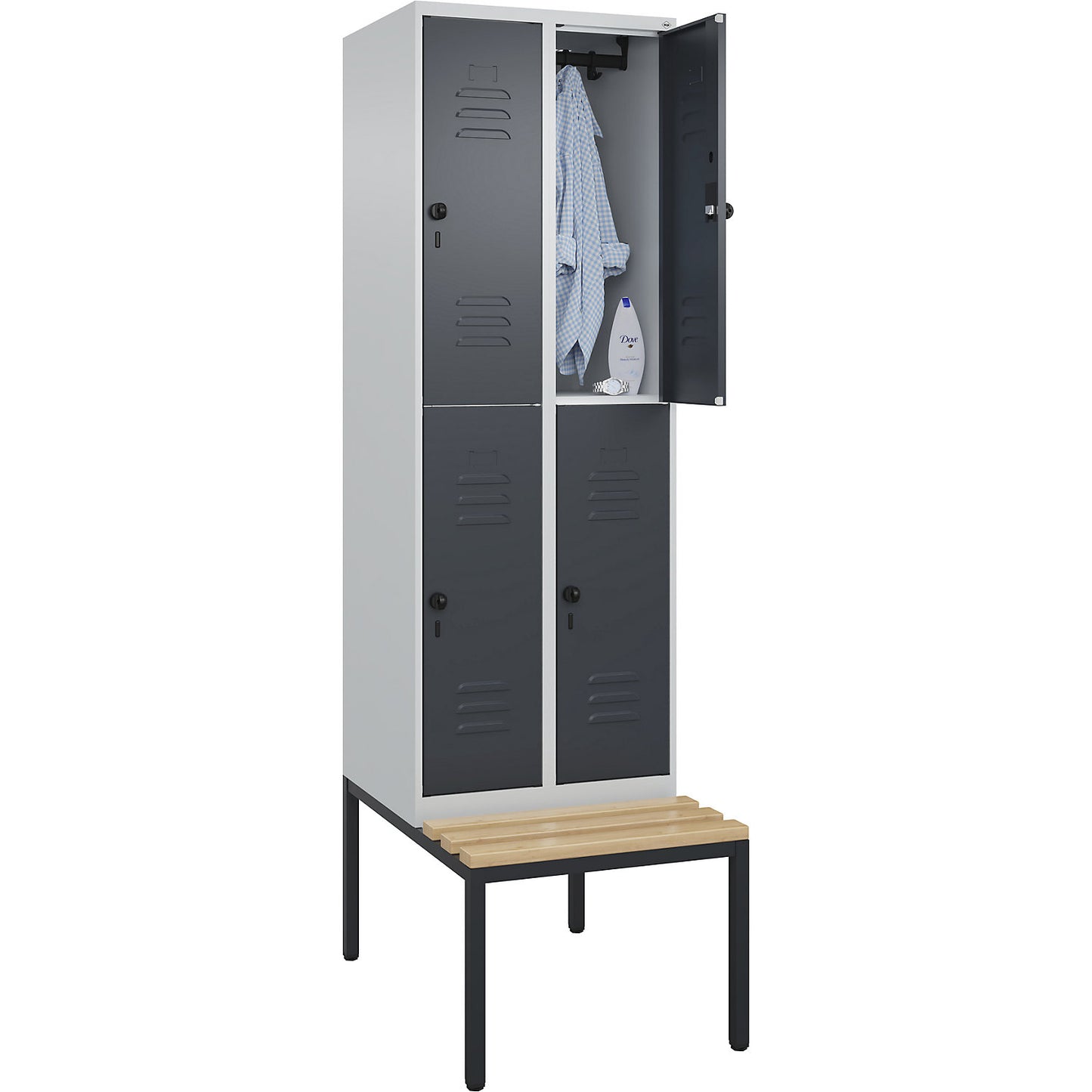 Classic PLUS bench seat double deck clothes locker, 2 compartments, light grey/grey, W 600 mm, security rotary bolt, base frame, beech hardwood.