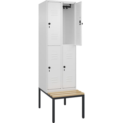 Classic PLUS bench seat double deck clothes locker, 2 compartments, traffic white, W 600 mm, security rotary bolt, base frame, beech hardwood.
