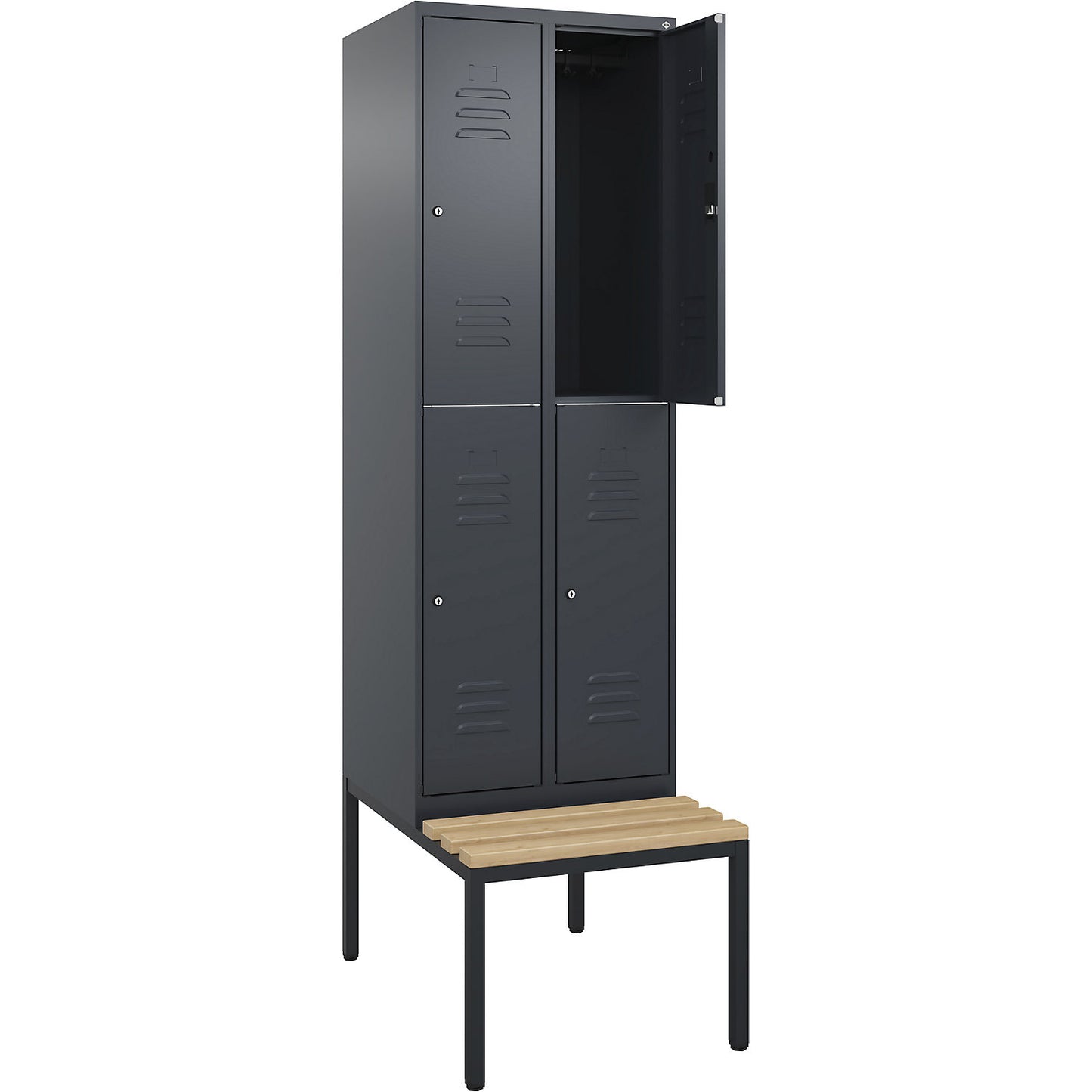 Classic PLUS bench seat double deck clothes locker, 2 compartments, grey, W 600 mm, cylinder lock, base frame, beech hardwood.