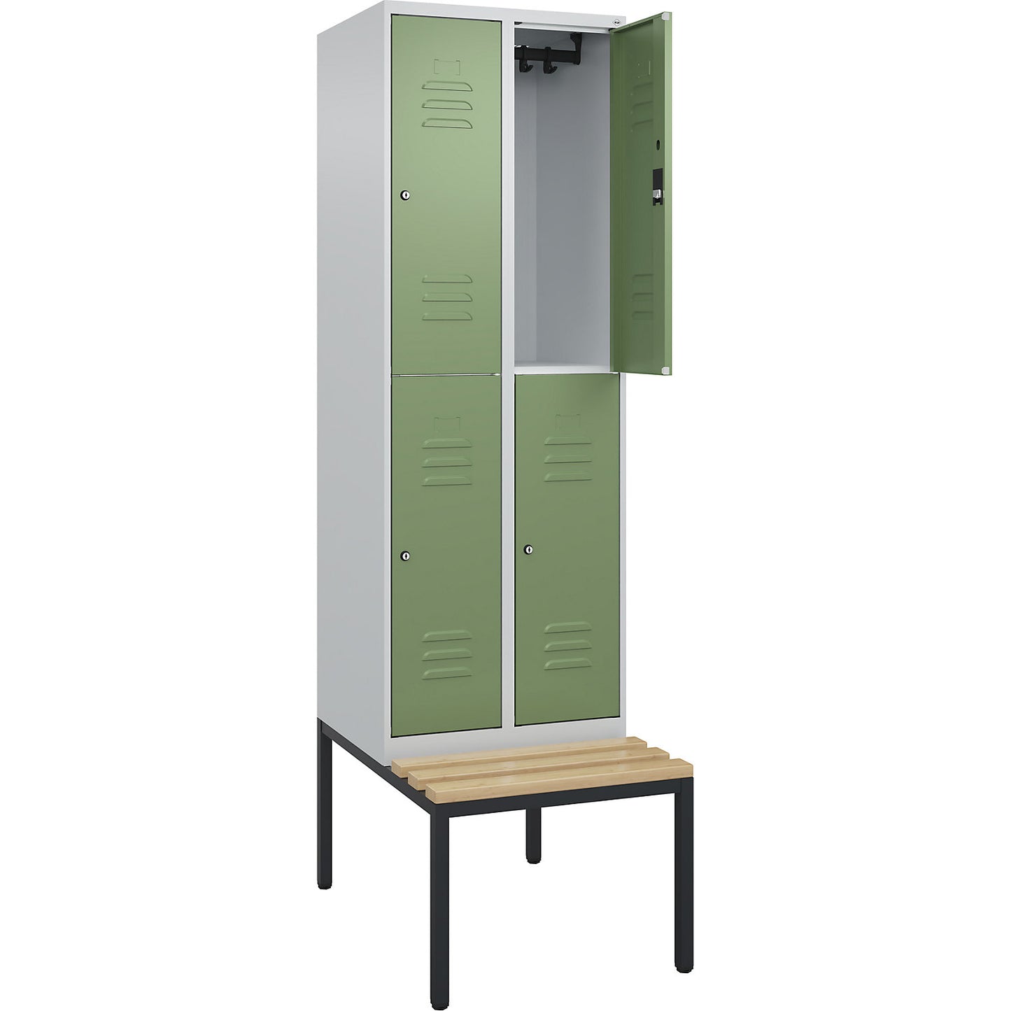 Classic PLUS bench seat double deck clothes locker, 2 compartments, light grey/reseda green, W 600 mm, cylinder lock, base frame, beech hardwood.